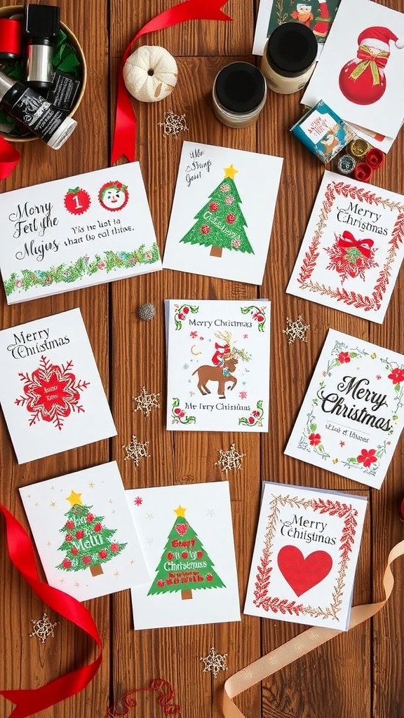 Handmade Christmas cards with various designs on a wooden table, surrounded by crafting supplies.